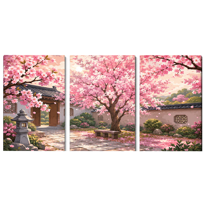 3 Panel floral triptych Paint by Numbers wall art with cherry blossom trees, Japanese garden, stone pathway, lantern, traditional architecture and spring scenery
