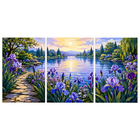 3 Panel floral triptych Paint by Numbers wall art with purple iris flowers, lake landscape, stone pathway, trees, water reflection and botanical garden design