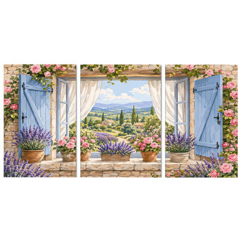 3 Panel floral triptych Paint by Numbers wall art with blue window, lavender plants, pink roses, flower pots, stone wall and countryside garden view