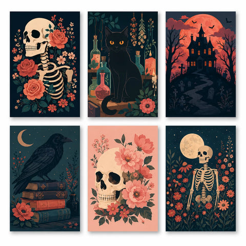 Six vintage Halloween mini paintings featuring floral skulls, a black cat with potions, a haunted house, a raven on books and a skeleton beneath a full moon.
