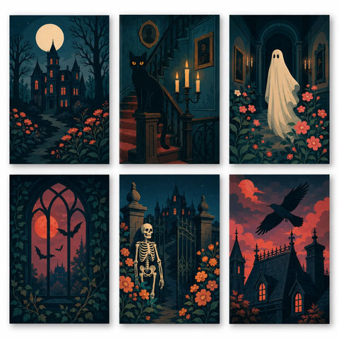 Six gothic Halloween paintings featuring a moonlit castle, black cat on stairs, hallway ghost, bats outside a pointed window, skeleton at a gate and raven above rooftops.