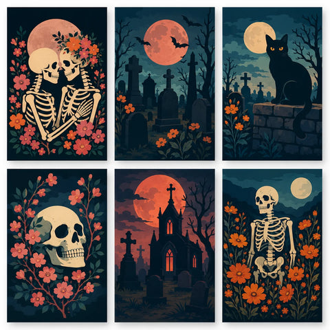 Six gothic Halloween illustrations featuring a floral skeleton couple, moonlit graveyard, black cat, flower-framed skull, chapel under a red moon and skeleton among orange flowers.