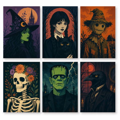 Six Halloween mini portraits featuring a green witch, a girl holding a black cat, a scarecrow, a floral skeleton, a stitched green monster and a raven in a suit.