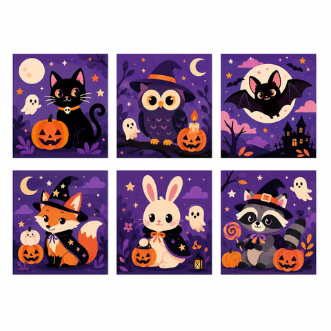 Six square Halloween mini paintings of a black cat, owl, bat, fox, rabbit and raccoon with pumpkins, witch hats, moons and ghosts on purple backgrounds.