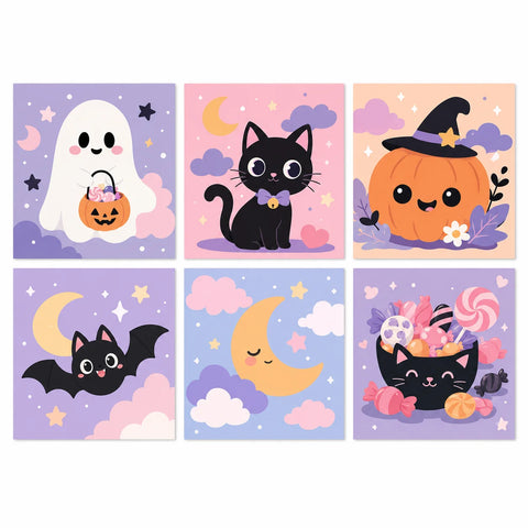 Six pastel Halloween mini paintings featuring a ghost with a pumpkin bucket, black kitten, witch-hat pumpkin, flying bat, sleepy crescent moon and cat-shaped candy bowl.