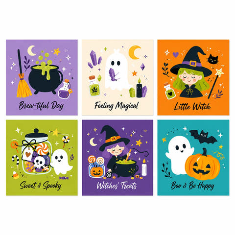 Six colorful square Halloween illustrations featuring little witches, friendly ghosts, bubbling cauldrons, crystals, a candy jar and a smiling pumpkin with decorative phrases.
