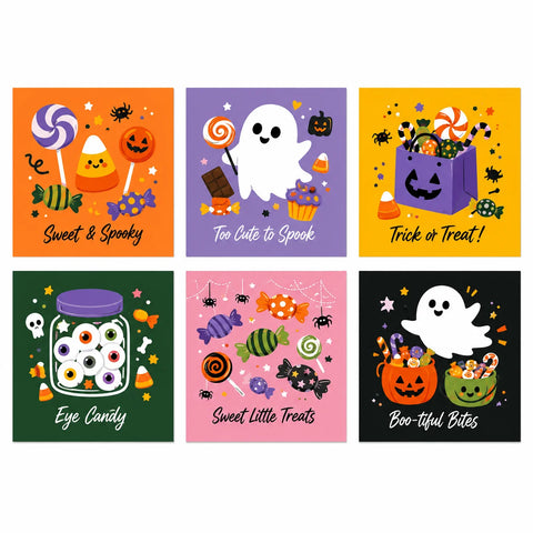 Six square Halloween mini paintings featuring friendly ghosts, lollipops, candy corn, an eyeball candy jar and colorful trick-or-treat bags and buckets.