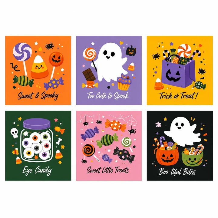 Six square Halloween mini paintings featuring friendly ghosts, lollipops, candy corn, an eyeball candy jar and colorful trick-or-treat bags and buckets.
