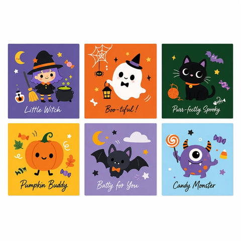 Six square Halloween mini paintings featuring a little witch, lantern-carrying ghost, black cat, smiling pumpkin, bat and purple candy monster with playful captions.