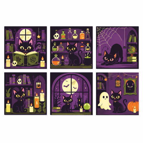 Paint by numbers cat mini set for kids featuring six black cats with spell books, potions, candles, ghosts, pumpkins and witchy Halloween scenes