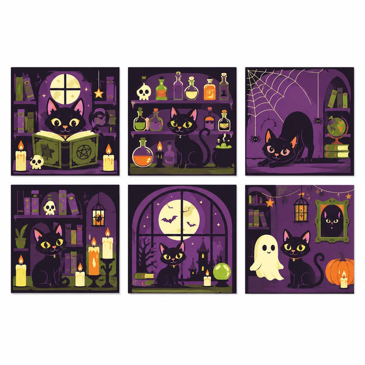 Paint by numbers cat mini set for kids featuring six black cats with spell books, potions, candles, ghosts, pumpkins and witchy Halloween scenes