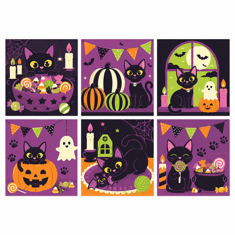 Six square Halloween mini paintings of black cats with candy bowls, striped pumpkins, friendly ghosts, a yarn ball and a lollipop in purple, orange and green.