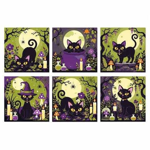 Paint by numbers cat mini set for kids featuring six black cats with moonlight, witch hat, potions, candles, mushrooms and Halloween flowers