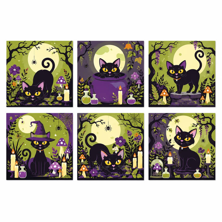 Paint by numbers cat mini set for kids featuring six black cats with moonlight, witch hat, potions, candles, mushrooms and Halloween flowers