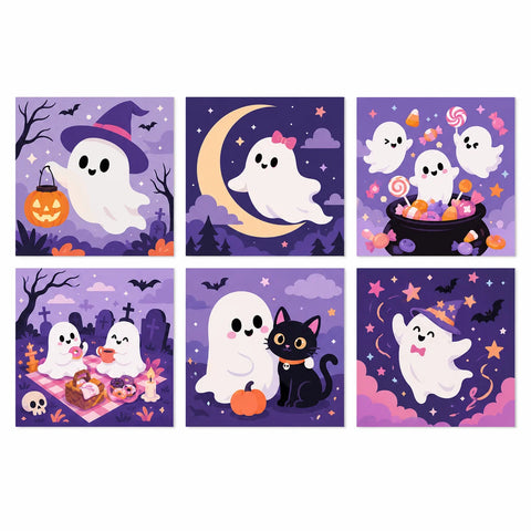Six square Halloween mini paintings of friendly ghosts with witch hats, a crescent moon, candy cauldron, picnic, black cat and colorful stars on purple backgrounds.