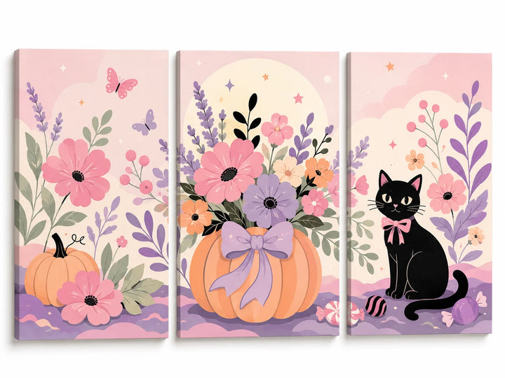 Paint by numbers Halloween triptych featuring a cute black cat, floral pumpkin bouquet, pink and purple flowers, butterflies, candy, and soft pastel spooky decorations.