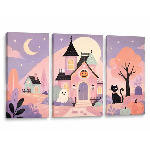 Pastel Halloween triptych paint by numbers for beginners featuring haunted cottage, friendly ghost, black cat, pumpkins and crescent moon