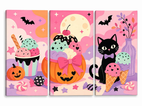 Paint by numbers Halloween triptych featuring a cute black cat, jack-o’-lantern pumpkins, colorful ice cream treats, candy, bats, full moon, and playful pink pastel spooky decorations.