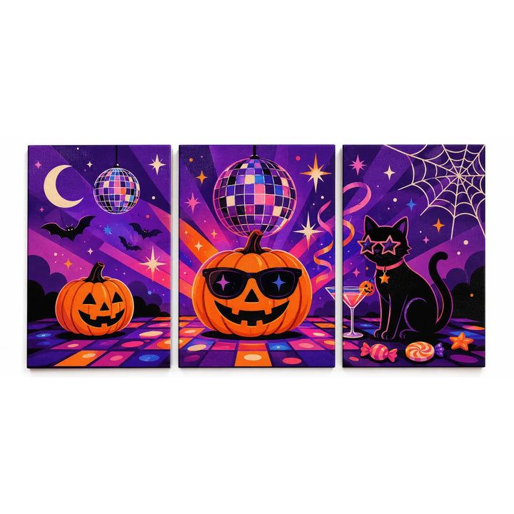 Disco Halloween triptych paint by numbers for beginners featuring jack-o'-lanterns, black cat, disco balls, bats, candy and purple party scene
