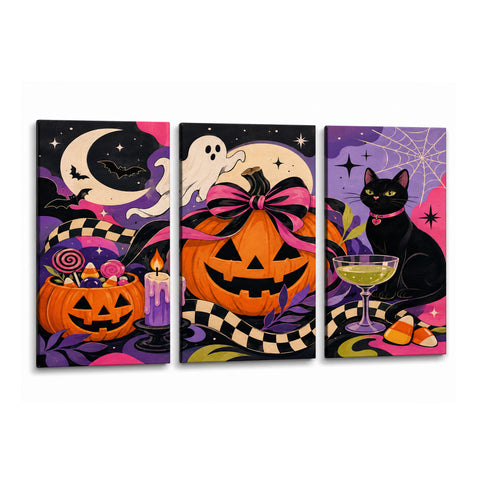 3 Panel Halloween triptych Paint by Numbers wall art with jack o lantern pumpkins, black cat, ghost, crescent moon, spider web, candles and spooky night design