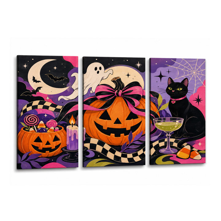3 Panel Halloween triptych Paint by Numbers wall art with jack o lantern pumpkins, black cat, ghost, crescent moon, spider web, candles and spooky night design