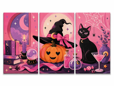 Pink Halloween triptych featuring a pumpkin in a bow-trimmed witch hat, a black cat, books, a crystal ball, potion bottles and a pink cocktail.