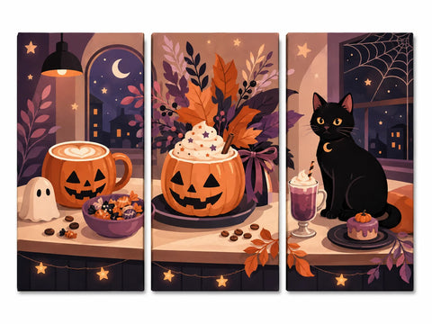 Halloween triptych featuring pumpkin mugs with latte art and whipped cream, autumn foliage, a tiny ghost and a black cat beside desserts in a cozy café.