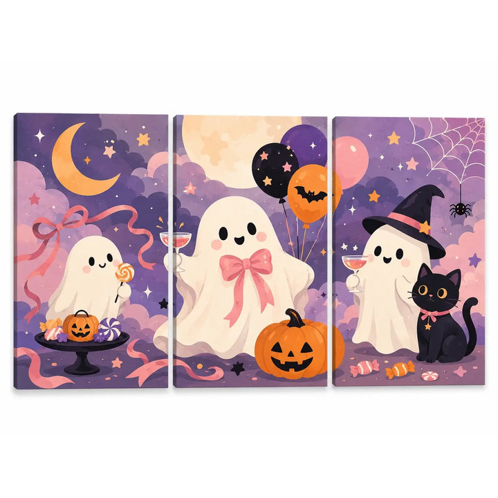 Paint by numbers Halloween triptych featuring cute ghosts with pink bows, a black cat, jack-o’-lantern pumpkin, crescent moon, balloons, candy, spider web, and pastel purple spooky decorations.