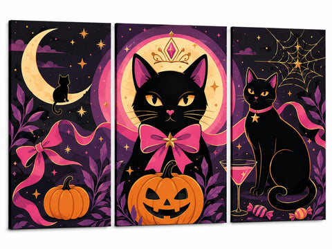 Halloween triptych of black cats with pink bows and ribbons, orange pumpkins, golden moons and stars, a crown motif and a spiderweb against dark backgrounds.