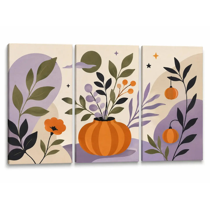 Modern pumpkin botanical triptych paint by numbers for beginners featuring orange pumpkins, leaves, berries and lavender abstract shapes