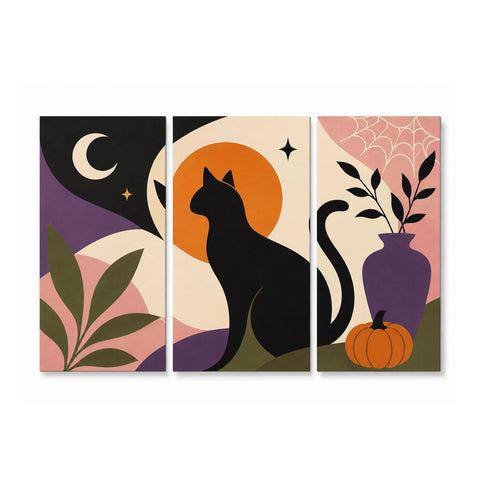 3 Panel Halloween triptych Paint by Numbers wall art with black cat silhouette, moon, pumpkin, spider web, purple vase and spooky modern design