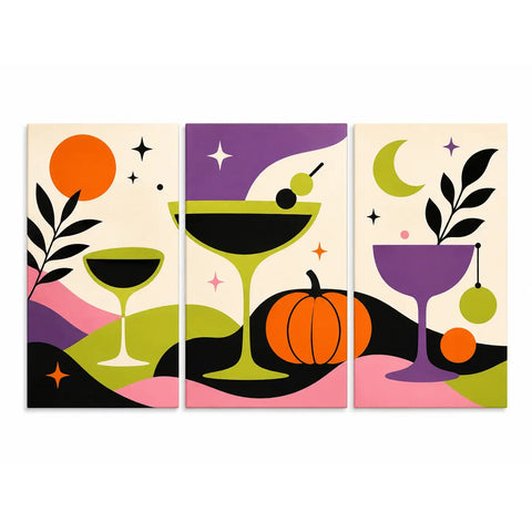Retro cocktail triptych paint by numbers for beginners featuring three colorful martini glasses, pumpkin, moon, botanical shapes and geometric art