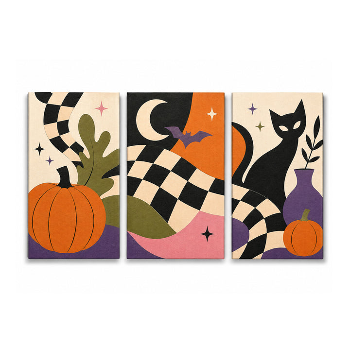 3 Panel Halloween triptych Paint by Numbers wall art with black cat silhouette, pumpkins, bats, crescent moon, checkerboard pattern and modern spooky design