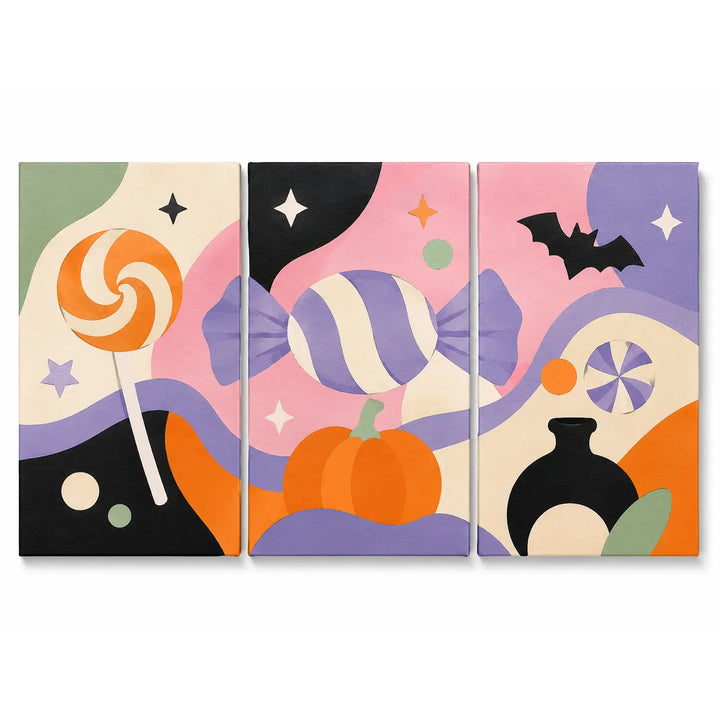 Paint by numbers Halloween triptych featuring colorful abstract candy, lollipop, wrapped sweets, pumpkin, bat, and playful pastel shapes in pink, purple, orange, and black.