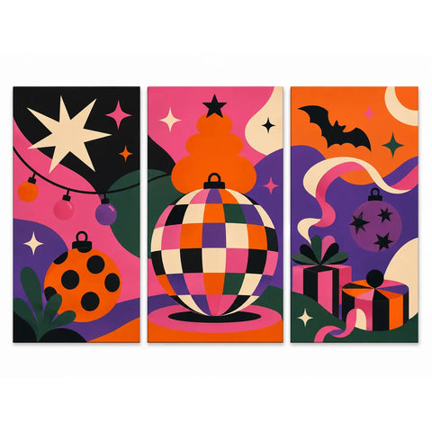 Paint by numbers triptych featuring colorful retro Christmas ornaments, wrapped gifts, string lights, stars, and festive abstract shapes in vibrant pink, orange, purple, black, and green tones.