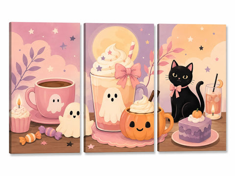 Pastel Halloween triptych with ghost-decorated drinks, a smiling pumpkin mug, cupcakes, sweets and a black cat wearing a pink bow beside a purple cake.