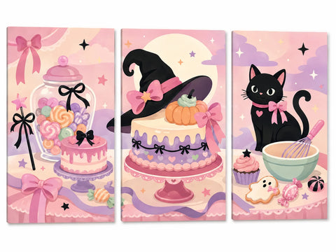 Pastel Halloween triptych featuring a candy jar and pink cake, a witch hat behind a pumpkin-topped cake, and a black cat beside a mixing bowl and sweet treats.