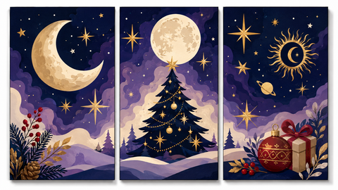 3 Panel Christmas triptych Paint by Numbers wall art with moonlit winter night, Christmas tree, stars, snowy mountains, holiday gifts and festive decorations