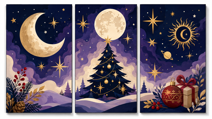 3 Panel Christmas triptych Paint by Numbers wall art with moonlit winter night, Christmas tree, stars, snowy mountains, holiday gifts and festive decorations