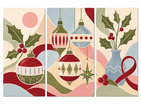 3 Panel Christmas triptych Paint by Numbers wall art with hanging ornaments, holly branches, red berries, decorative vase and modern holiday design