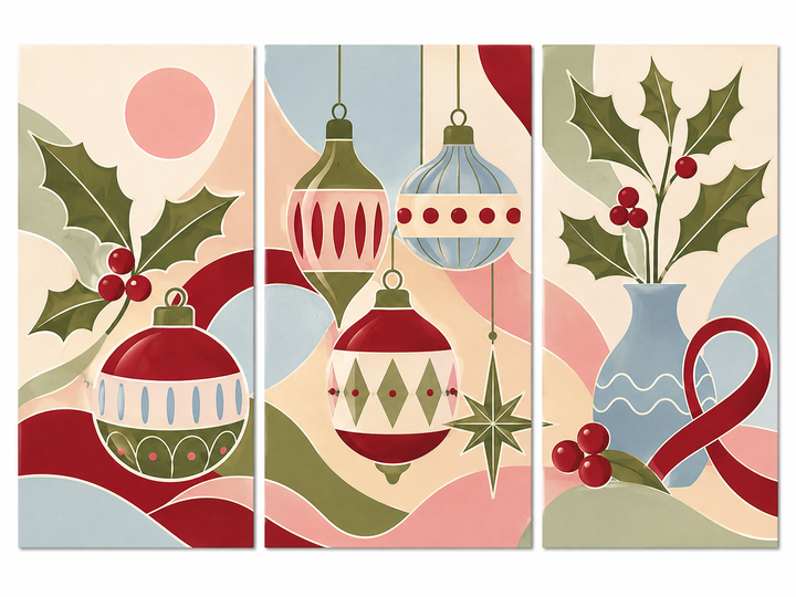 3 Panel Christmas triptych Paint by Numbers wall art with hanging ornaments, holly branches, red berries, decorative vase and modern holiday design