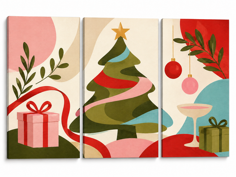 3 Panel Christmas triptych Paint by Numbers wall art with modern Christmas tree, golden star, gift boxes, hanging ornaments, ribbons and festive botanical design