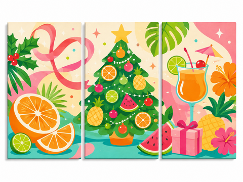 3 Panel Christmas triptych Paint by Numbers wall art with tropical Christmas tree, citrus fruits, pineapple, cocktail glass, tropical leaves, flowers and holiday gifts