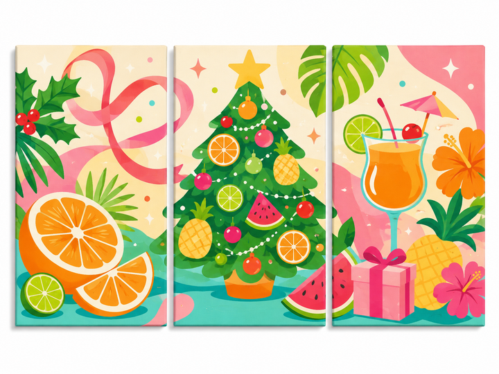 3 Panel Christmas triptych Paint by Numbers wall art with tropical Christmas tree, citrus fruits, pineapple, cocktail glass, tropical leaves, flowers and holiday gifts