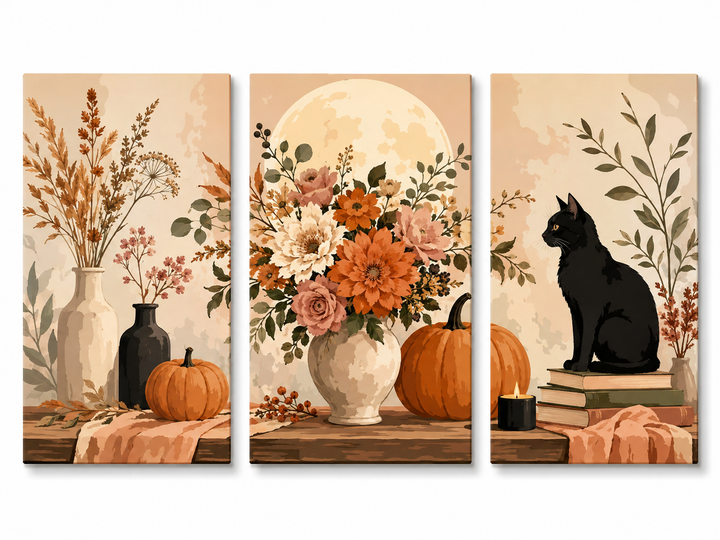 3 Panel Halloween triptych Paint by Numbers wall art with black cat, pumpkins, autumn flowers, candle, ceramic vases and cozy seasonal still life décor