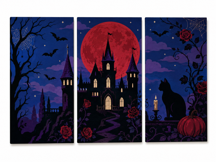 3 Panel Halloween triptych Paint by Numbers wall art with gothic castle, black cat, red moon, bats, roses, pumpkin and haunted night design