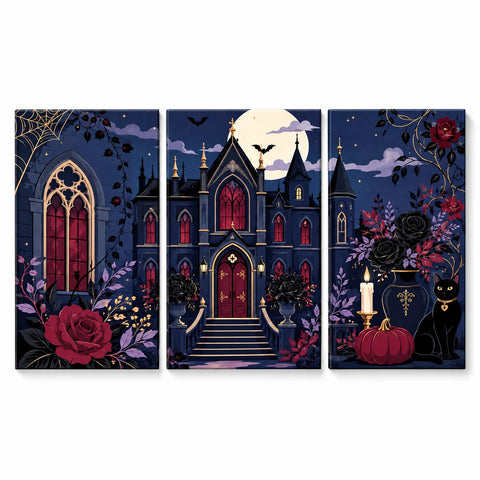 Gothic Halloween triptych with a moonlit mansion, burgundy windows, red and black roses, a candle, pumpkin and black cat in navy, purple and gold tones.