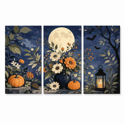 Halloween floral triptych with orange pumpkins, cream and orange flowers in a dark vase, a full moon, flying bats and a candle lantern against a navy sky.