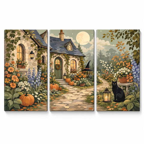 Autumn cottage Halloween triptych with glowing arched windows, pumpkins, a flower-lined stone path and a black cat beside a lantern beneath a pale moon.