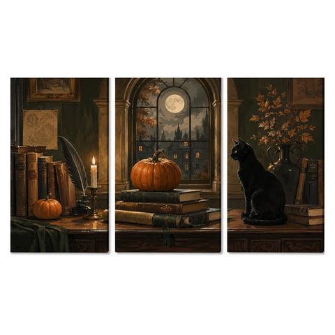 Halloween triptych featuring antique books, a quill and candle, pumpkins beneath a moonlit arched window, and a black cat beside autumn branches.